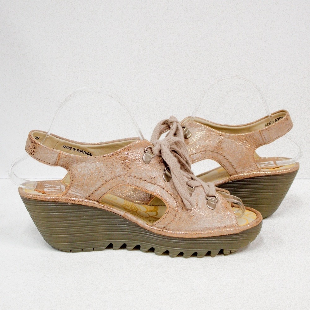 Fly London Ylfa Luna Lace Up Wedge Sandals Rose Gold Pearl Women's Size 38 US 8 - Picture 8 of 12